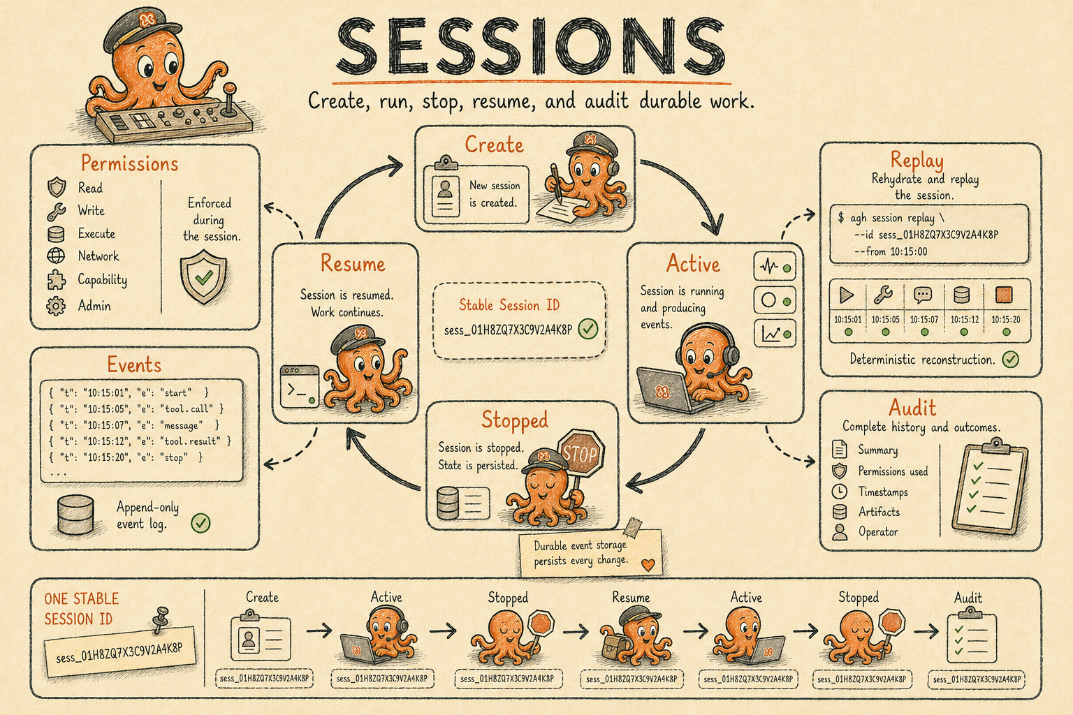 Hand-drawn Sessions poster showing the AGH session lifecycle across create, active, stop, resume, replay, permissions, and audit with the octopus mascot.
